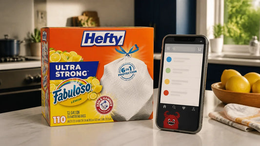 Hefty Ultra Strong trash bags beside a smartphone displaying a clean price comparison in a modern kitchen