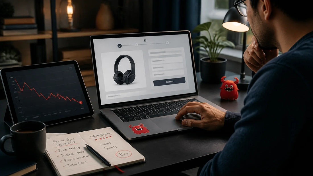 Shopper pausing at an online checkout with value notes and a price timeline