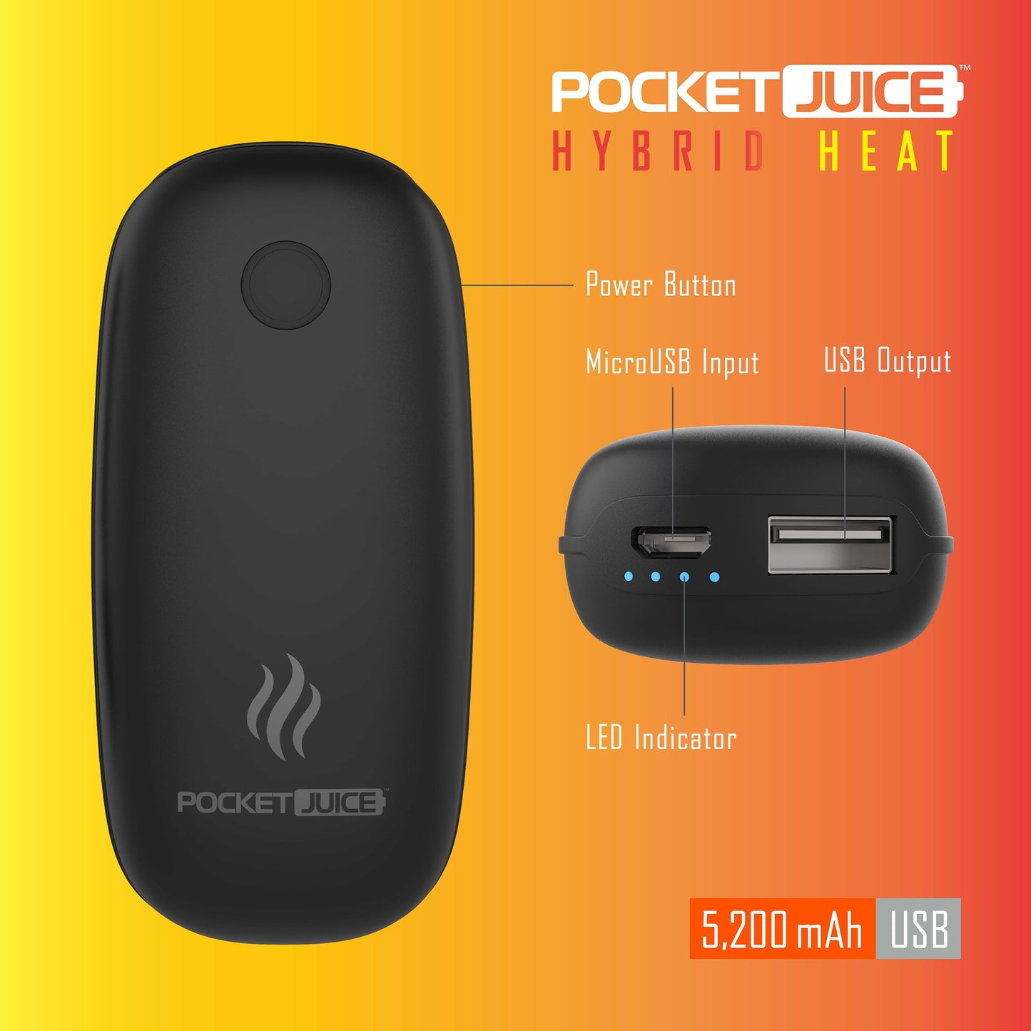 Pocket Juice Hybrid Heat, USB-Rechargeable Hand Warmer and 5200mAh Portable Power Bank