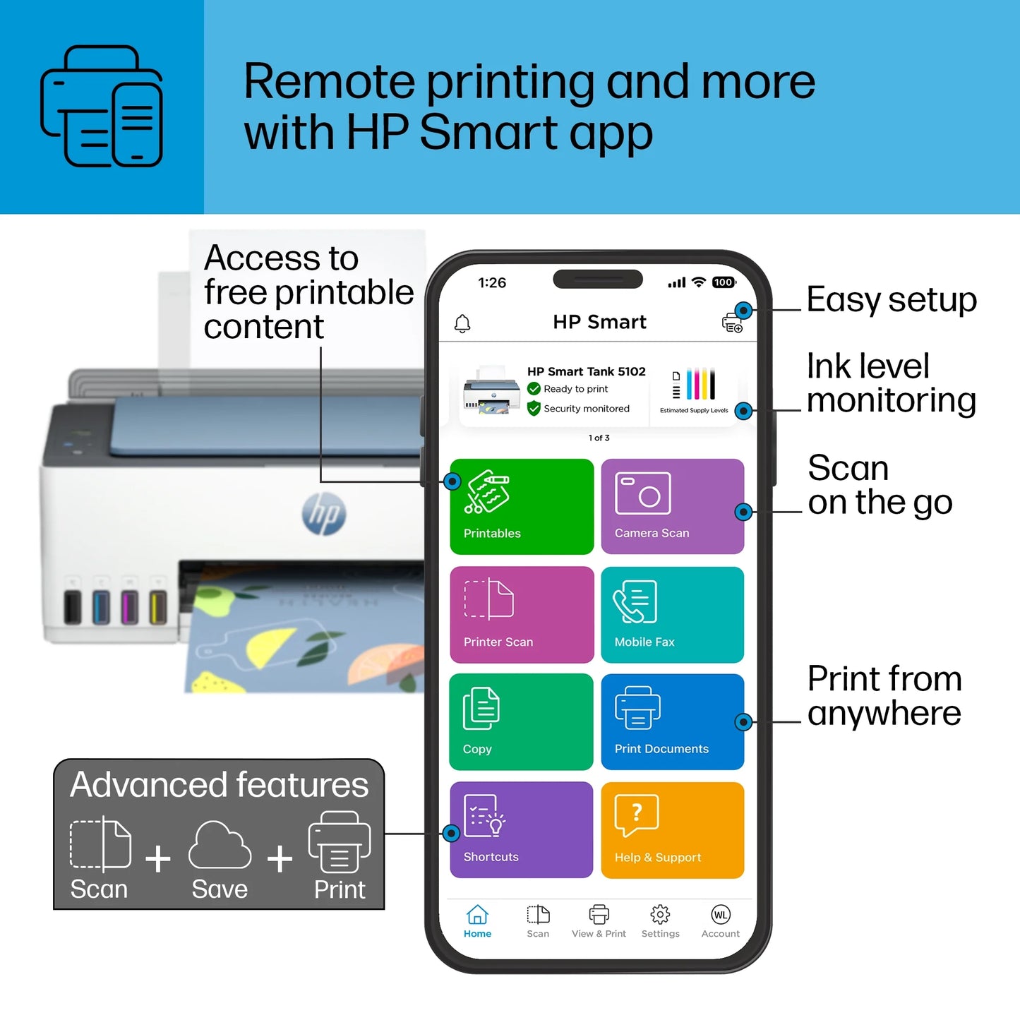 HP Smart Tank 5102 Wireless All-in-One Color Home Inkjet Tank Printer w/up to 2 Yrs of Ink Incl