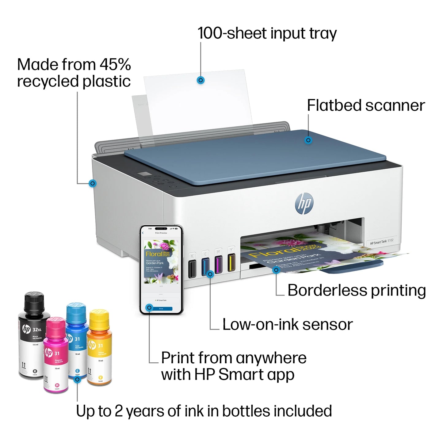 HP Smart Tank 5102 Wireless All-in-One Color Home Inkjet Tank Printer w/up to 2 Yrs of Ink Incl