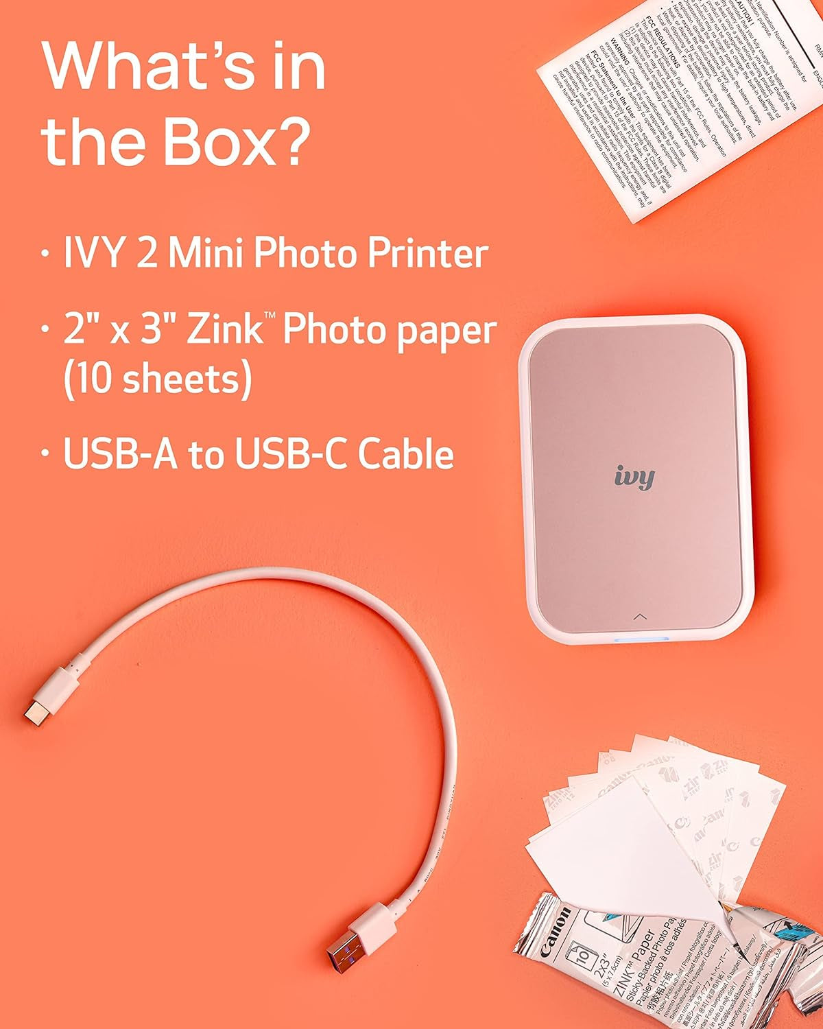 Canon Ivy 2 Mini Photo Printer, Print from Compatible iOS & Android Devices, Sticky-Back Prints, Blush Pink