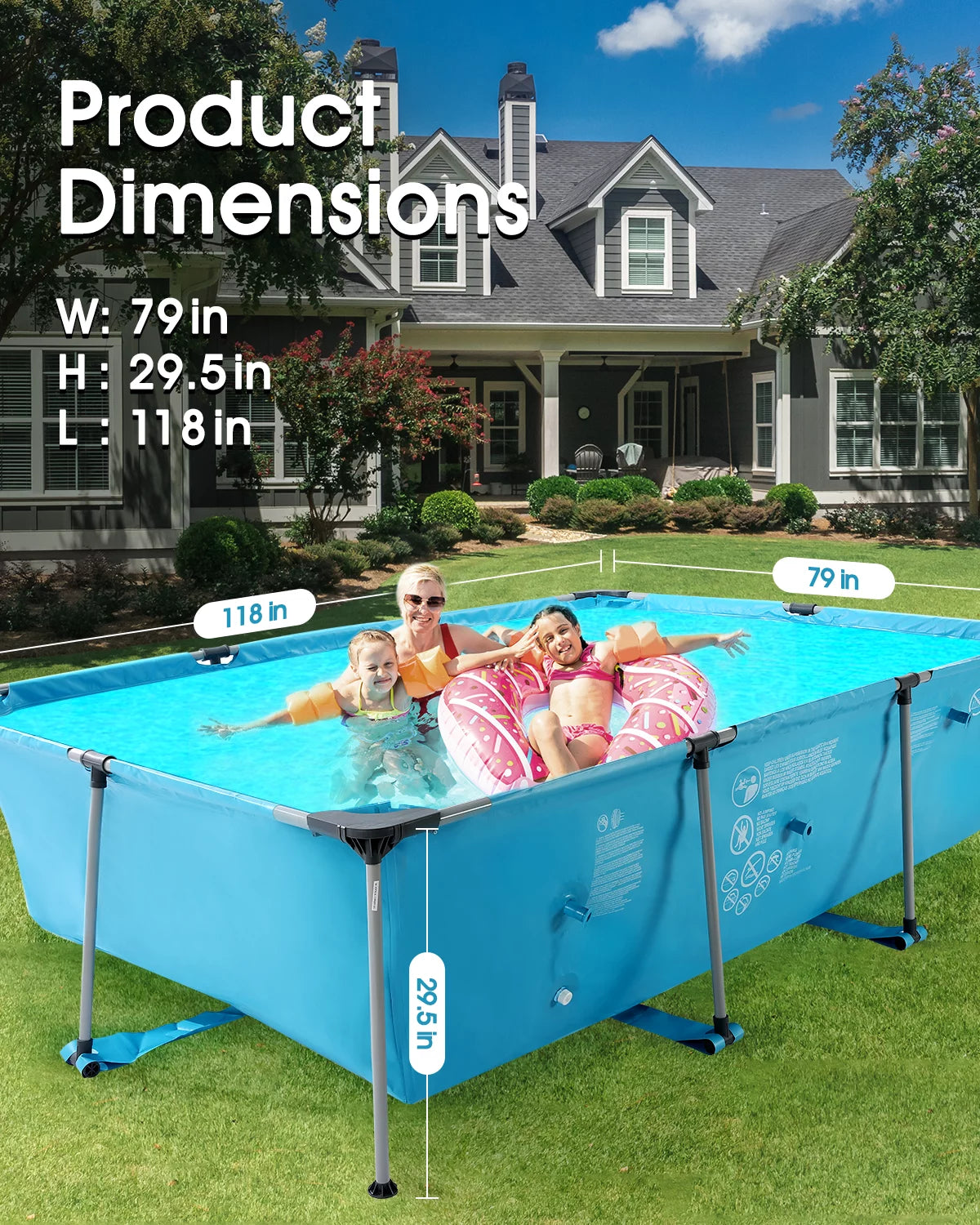 Naipo 10 ft Swimming Pool 118”* 79“ Above Ground Outdoor Rectangular Frame Pools Blue Family Outdoor Use (Pump NOT Included)