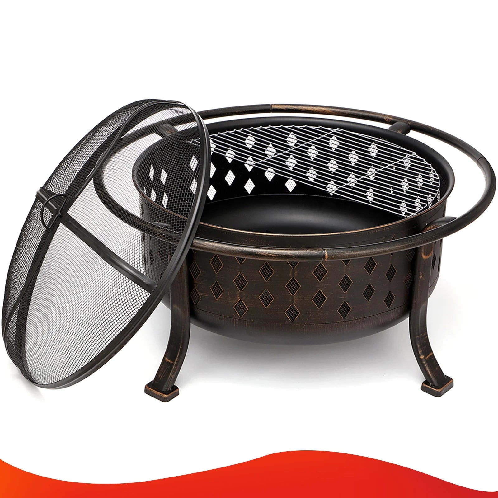 Singlyfire 36 inch Fire Pit for Outside Wood Burning Fire Pit Large Deep Fire Bowl for Camping Picnic Bonfire Patio Outside Backyard Garden Bonfire Pit with Cooking Grill Grate Spark Screen Log Grate