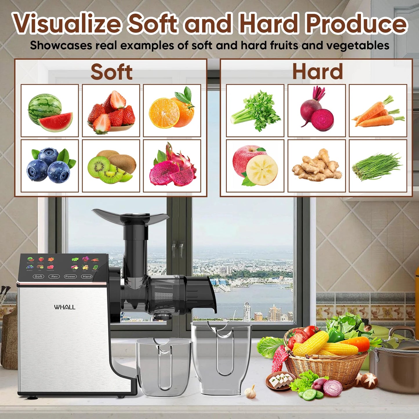 WHALL Masticating Slow Juicer Machine - Touchscreen Cold Press Juicer Machines with Quiet Motor & Reverse Function