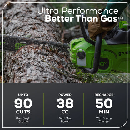 Greenworks 60V 16" 1.5kW Brushless Chainsaw with 2.5 Ah Battery & 3 Amp Charger + Bonus Chain