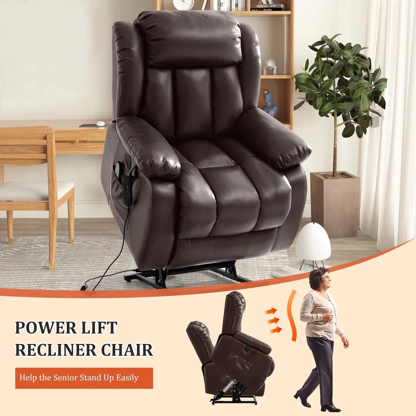 TEKAMON Infinite Position Lift Recliner Chair for Elderly with Heat and Massage Lay Flat Sleeping Leather Dual Motor Power Lift Chair for Living Room (Brown)