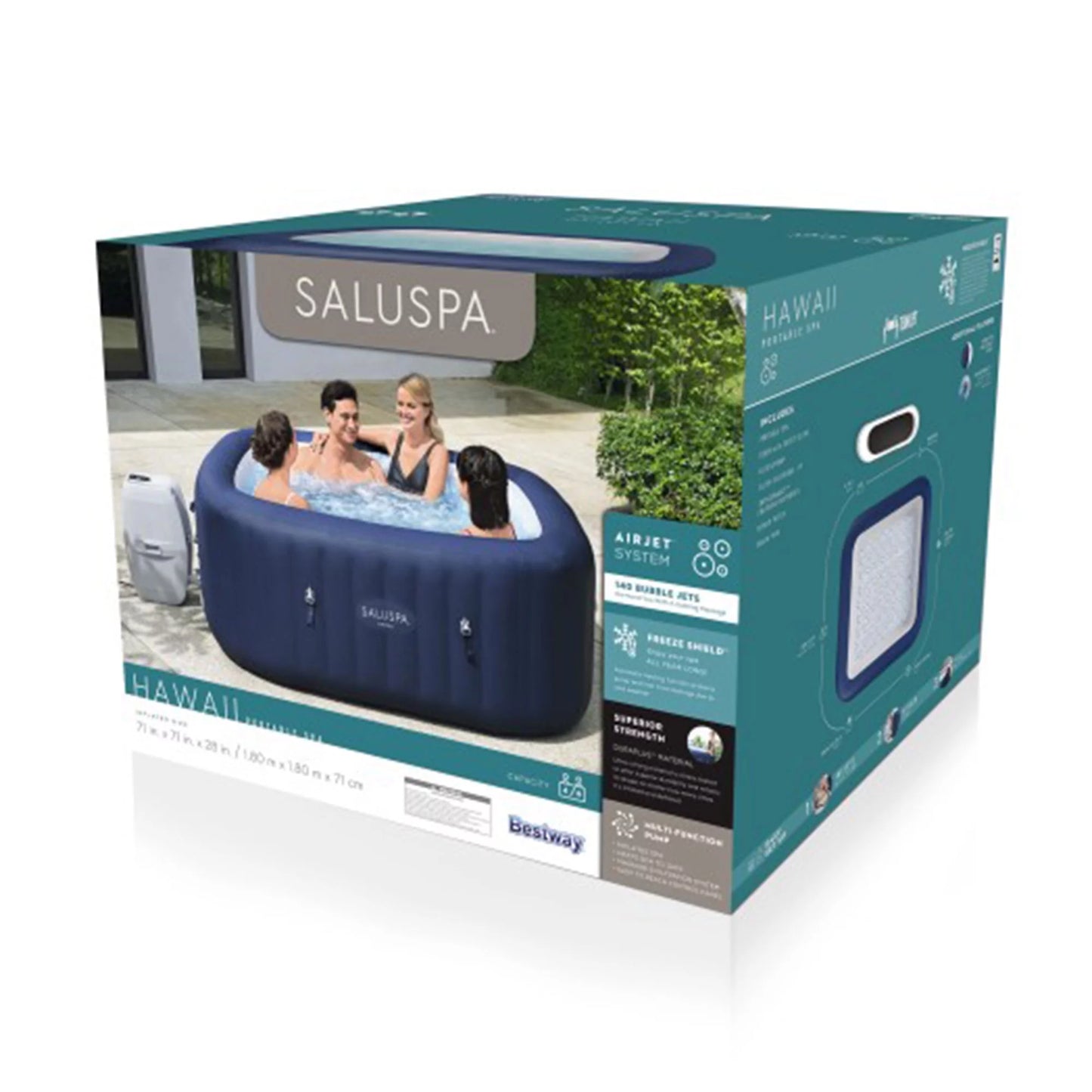 Bestway SaluSpa Hawaii AirJet 2 to 6 Person Square Inflatable Hot Tub, Blue