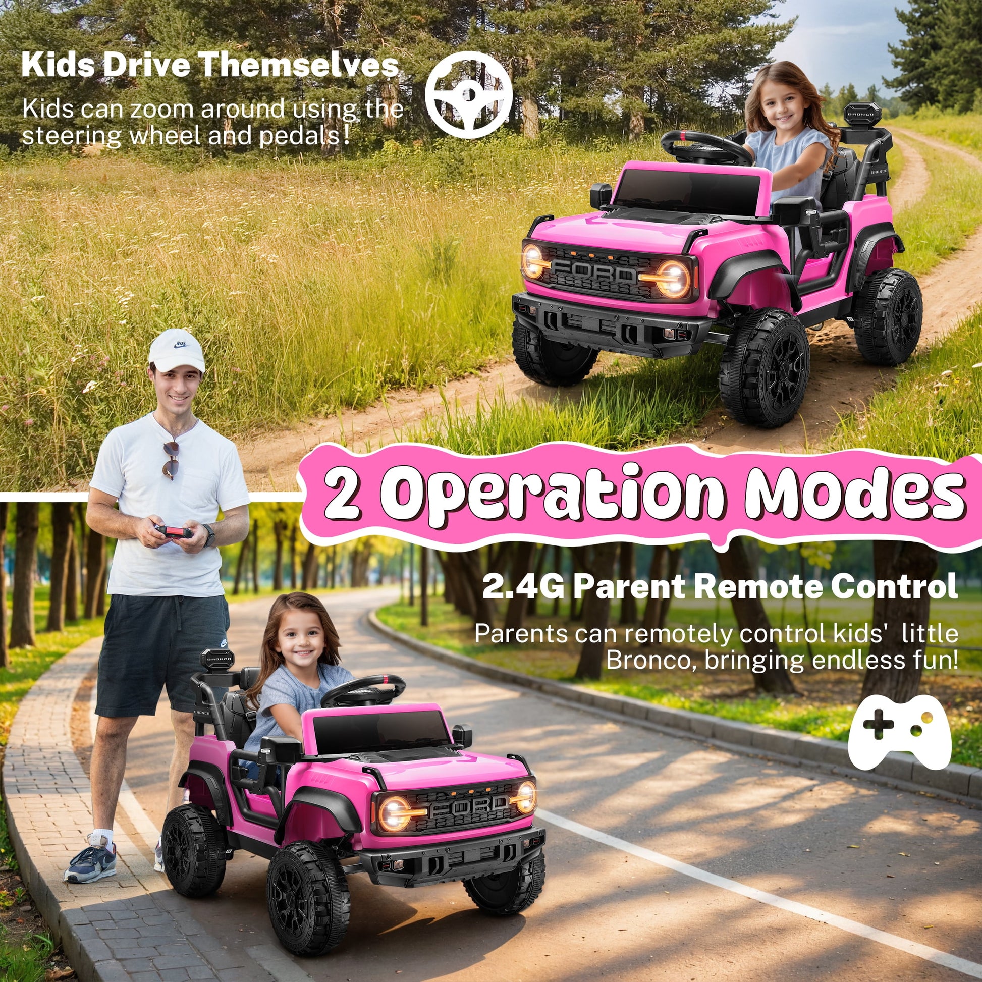 Ford Ride on Toy Cars, 12V Ford Bronco Raptor Powered Ride on Truck with Remote Control, Electric Car for Kids Girls 3-5 Gift with Bluetooth, Bright LED Headlight, Safety Belt, 4 Wheelers, Pink