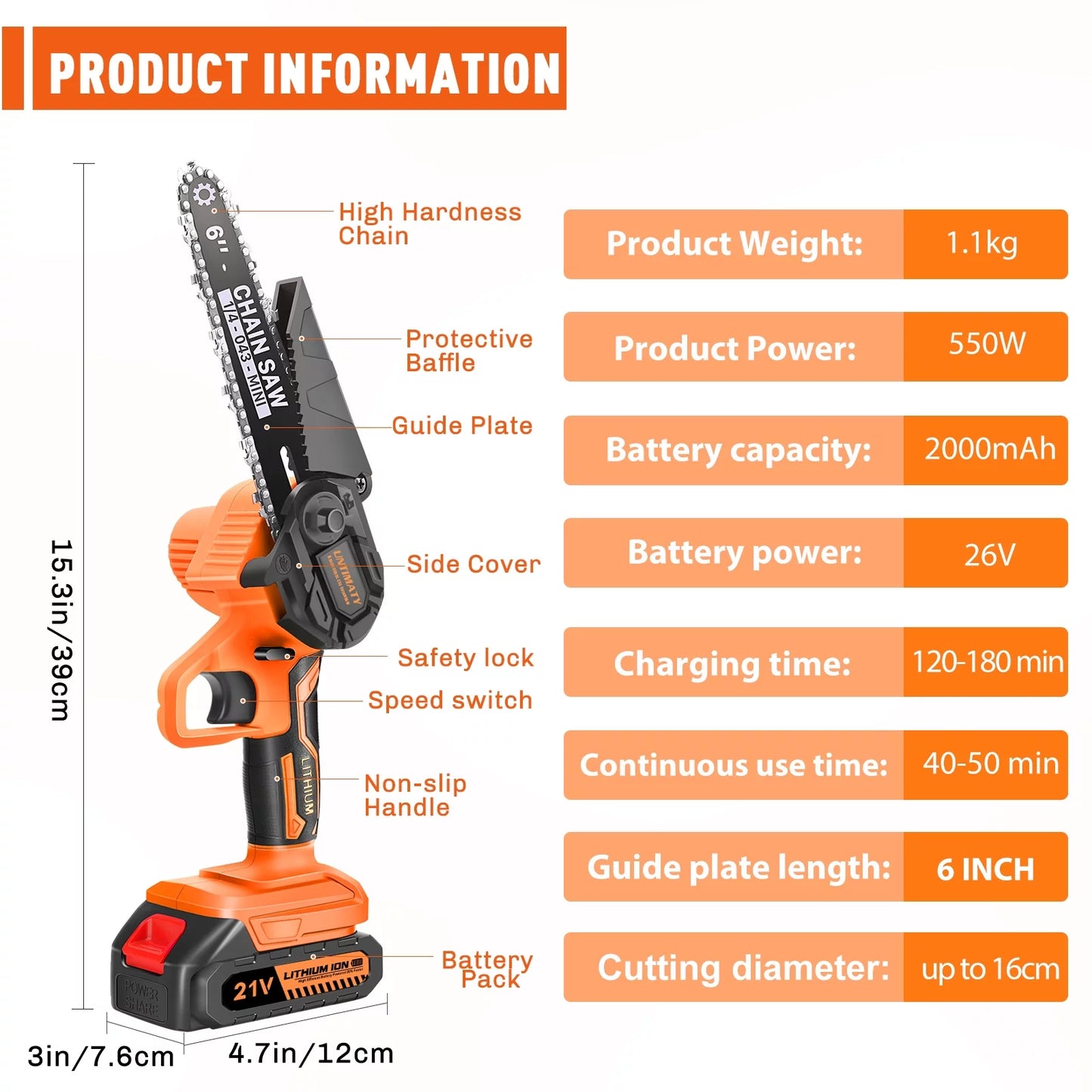 UNTIMATY 6" Mini Chainsaw with 2 Batteries 2 Chains, 6-Inch Cordless Handheld Chain Saw for Wood Cutting Tree Trimming