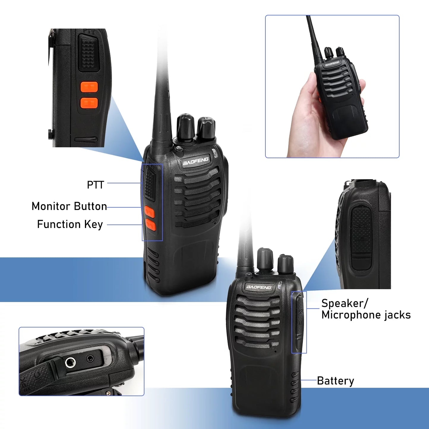 MULISOFT Walkie Talkies Two-Way Radios, Walkie Talkies for Adults Long Range, Rechargeable Walkie Talkie with Earpiece, LED Light 1500mAh Battery, 2 Pack Black