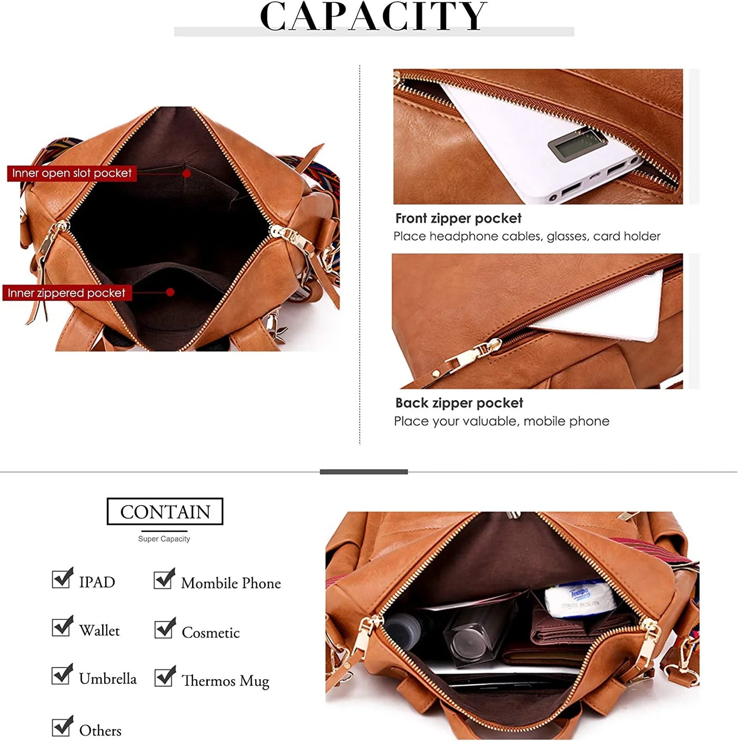 YOMYM Backpack Purse for Women Fashion PU Leather Designer Anti-theft School Backpack Convertible Shoulder Bags Brown