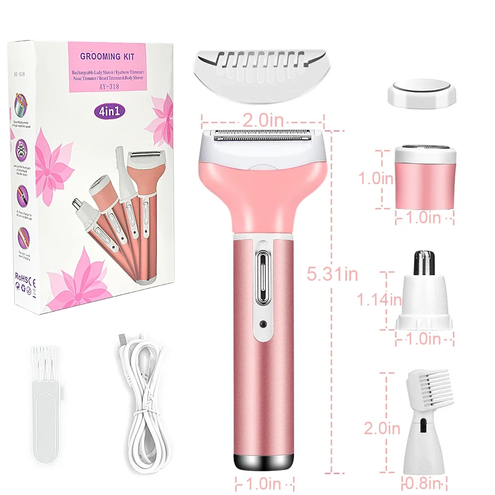 4 in 1 Electric Razor for Women Cordless Hair Removal Ladies Shaver Painless Body Hair Trimmer Remover Rechargeable Epilator for Bikini Facial Nose Ear Eyebrows Leg Armpit Clipper Grooming Groomer Kit