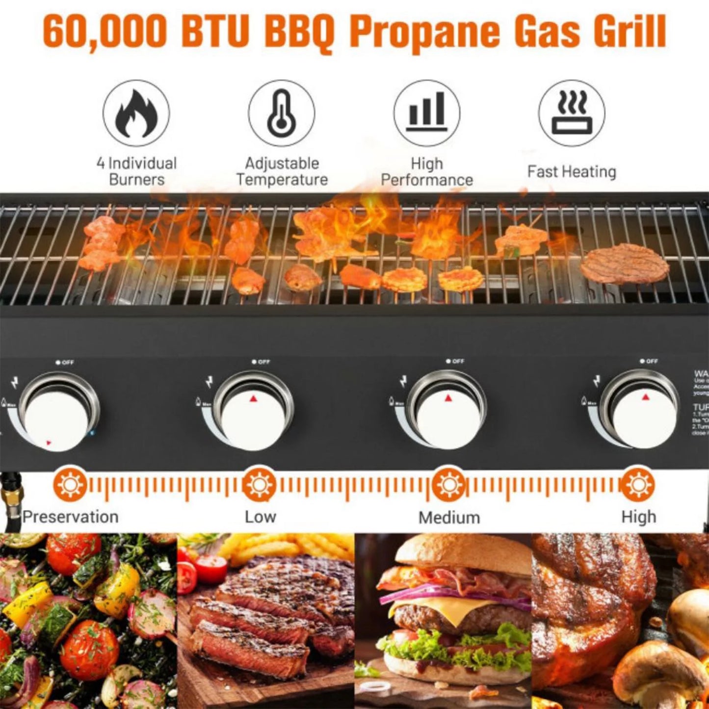 HONGGE 60000BTU 4 Burner Foldable Outdoor Propane Gas Grill, Black