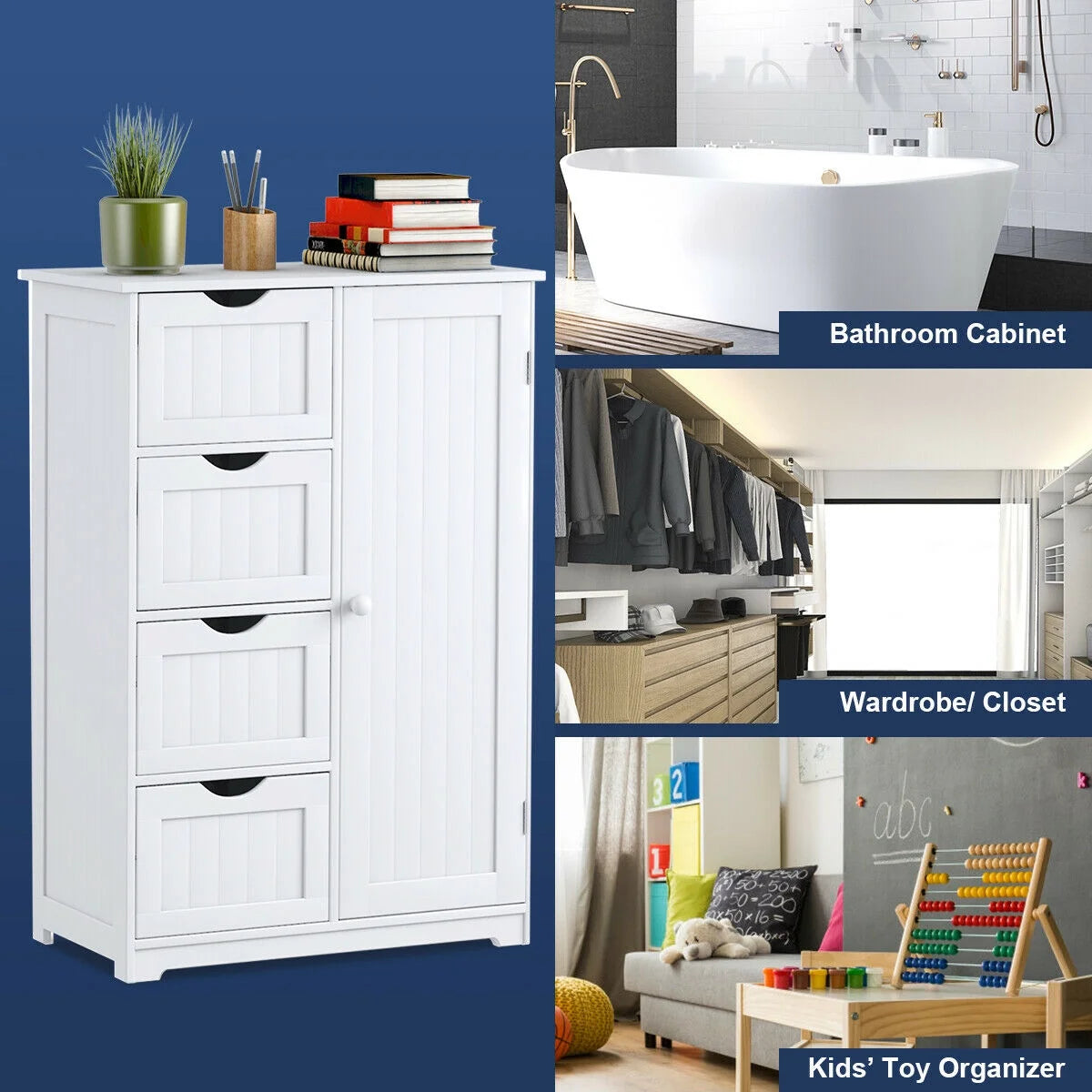 Costway Bathroom Storage Wooden 4 Drawer Cabinet Cupboard 2 Shelves Free Standing White