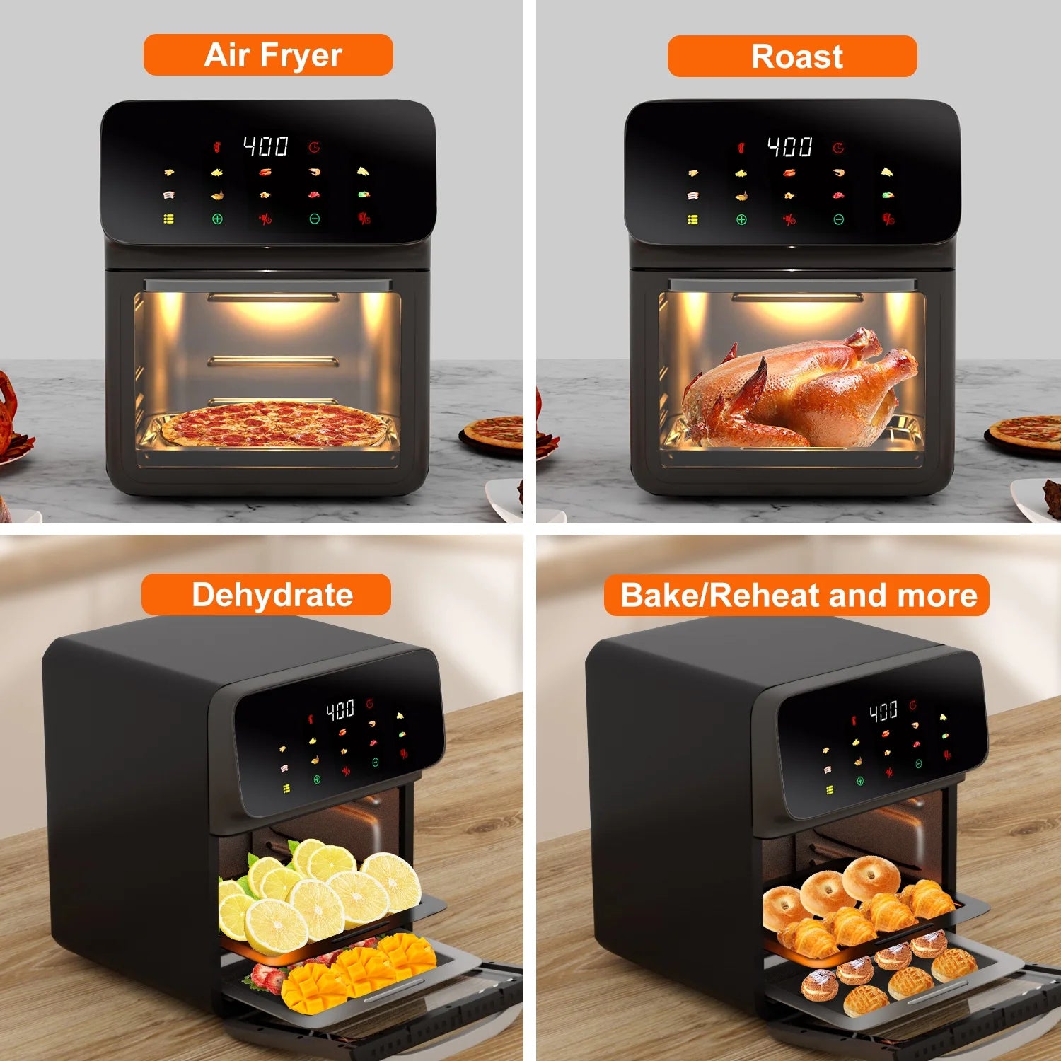 Evo Chef Air Fryer 12QT Convection Oven with 10-in-1 Multi Function, Visible Window and Touchscreen, Black