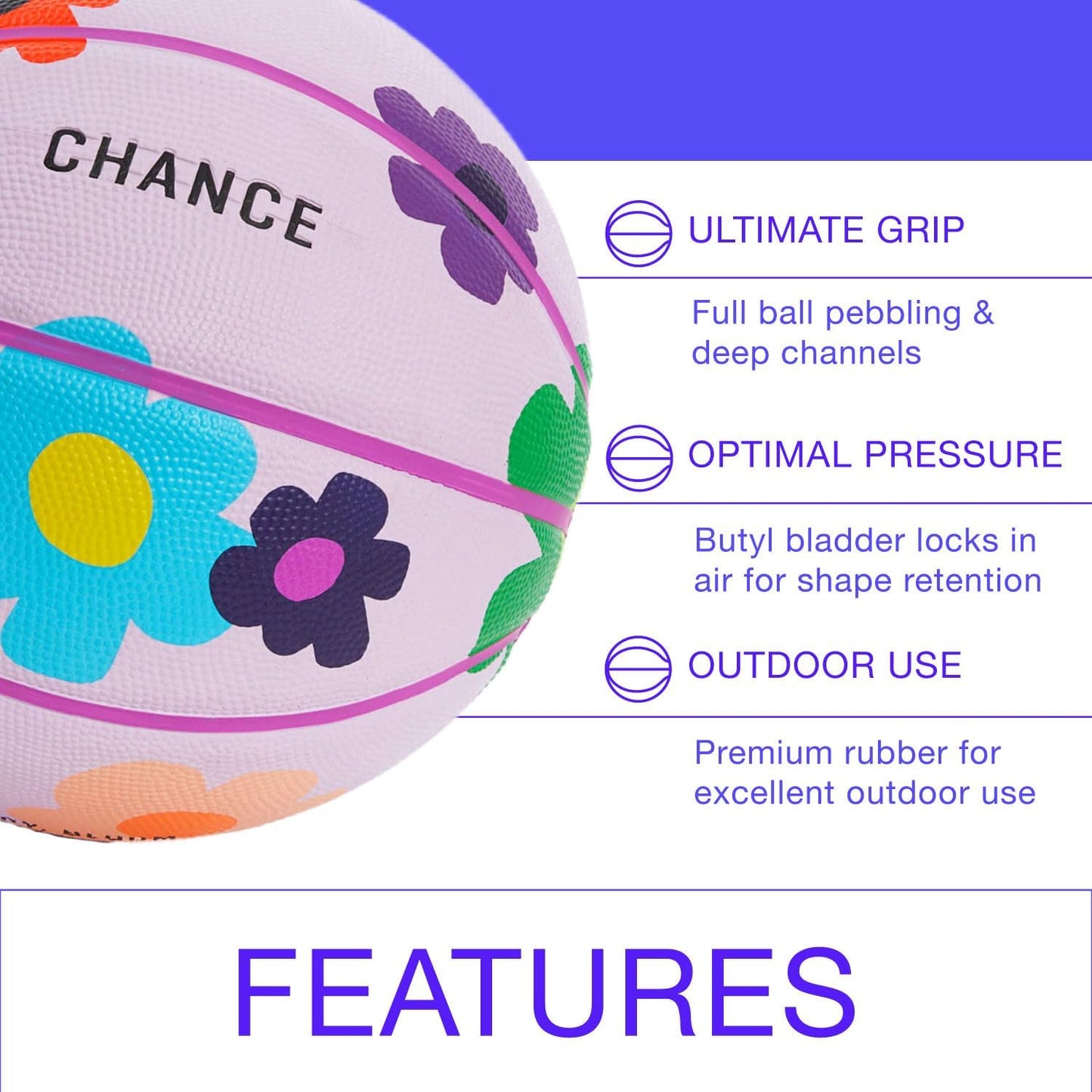 Chance Premium Design Printed Rubber Outdoor & Indoor Basketball, Bloom Light Purple