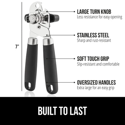 Gorilla Grip Stainless Steel Manual Can Opener, Soft Touch Handle, Large Turn Knob, Built-In Bottle Opener, Black