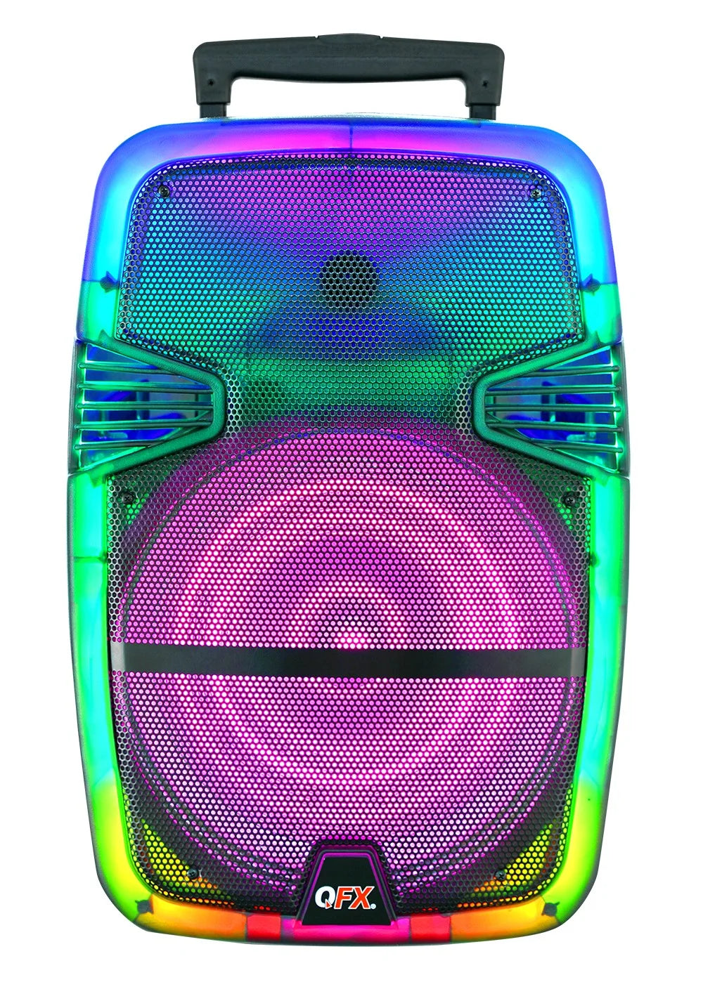 QFX TMS-1560 15” Portable Bluetooth Rechargable Party Speaker with Translucent Motion Party Lights and Remote