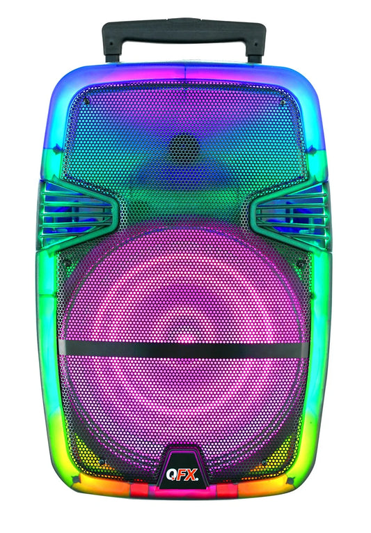 QFX TMS-1560 15” Portable Bluetooth Rechargable Party Speaker with Translucent Motion Party Lights and Remote