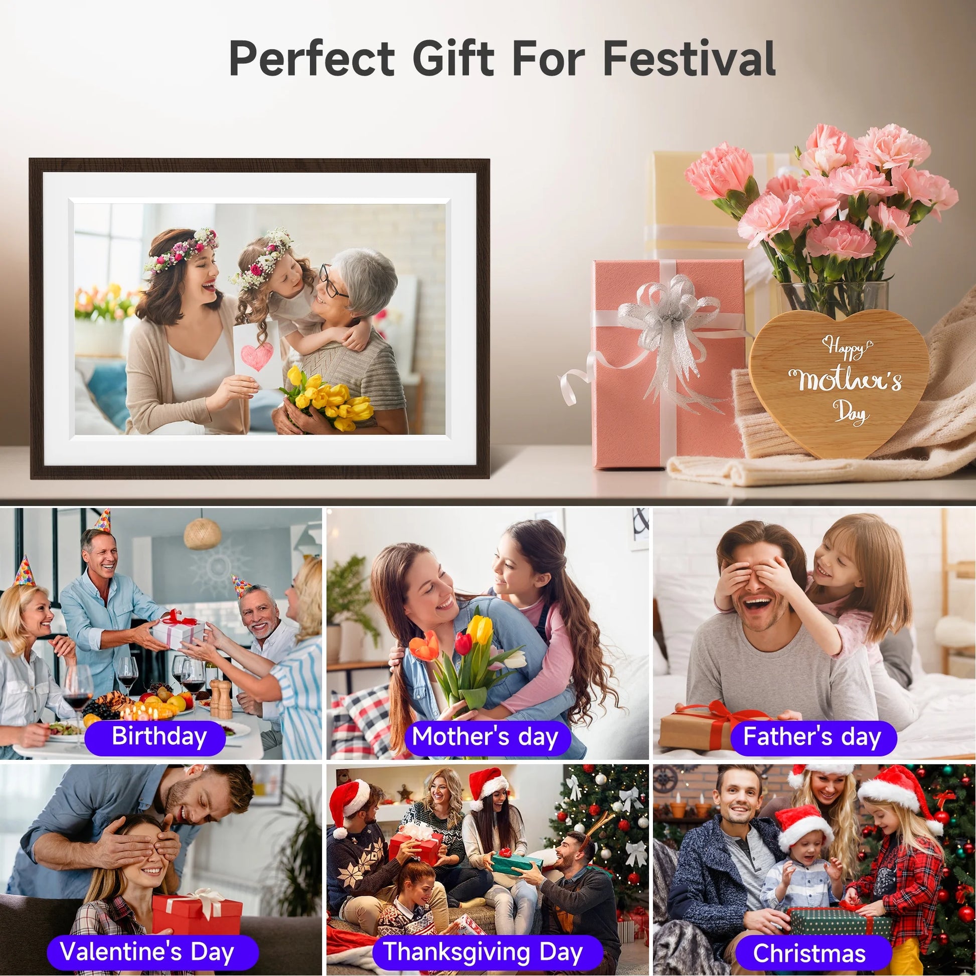 GIROOL Digital Picture Frame WiFi, Electronic Photo Frame with 10.1” IPS Smart Touch Screen, Built-in 32GB Memory, Share Anywhere via Uhale App, Perfect Gift! Woodgrain White