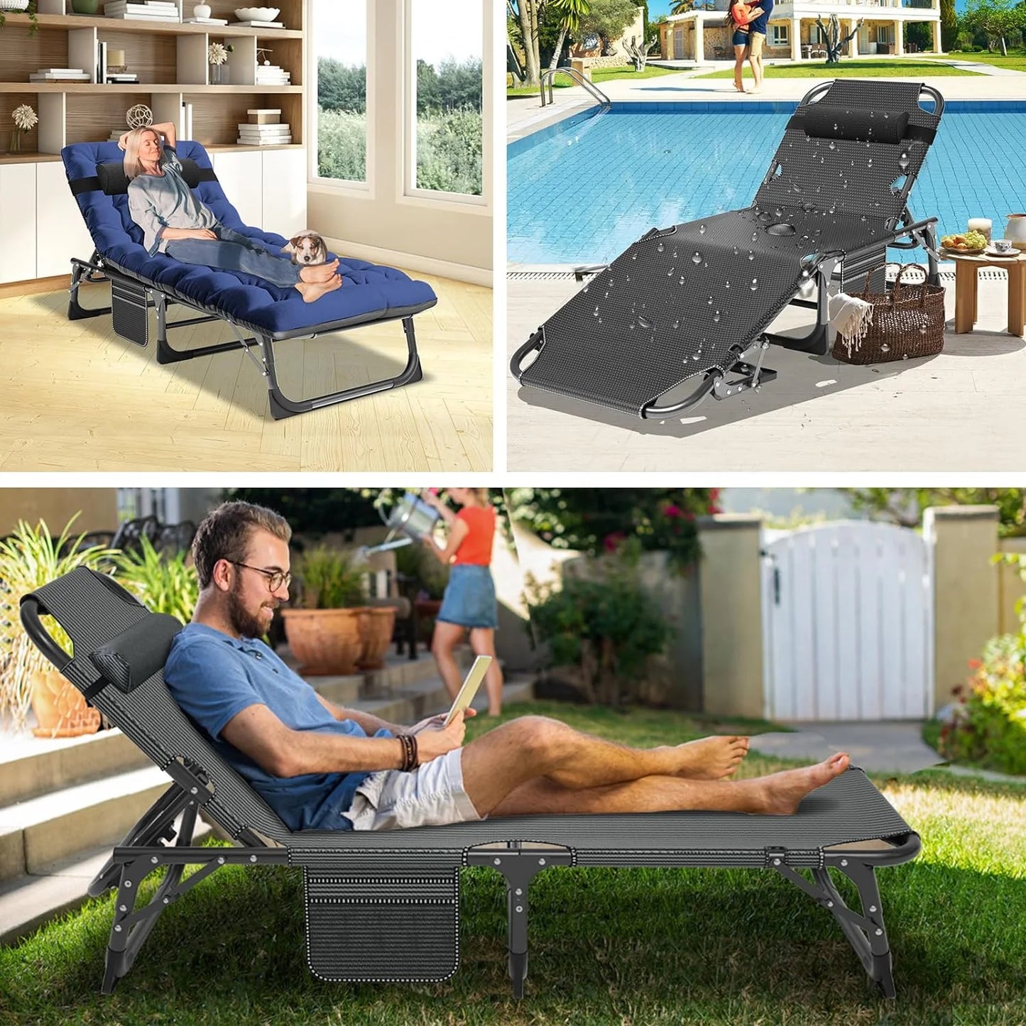 Slsy Folding Lounge Chair, 5-Position Adjustable Outdoor Reclining Chair, Folding Sleeping Bed Cot, Folding Chaise Lounge Chair for Pool Beach Patio Sunbathing