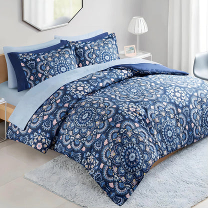 Comfort Spaces Queen Size Comforter Set, 9-Piece Bed in a Bag Queen, Navy Blue Bedding Comforter Set with Comforter, Flat Sheets, Fitted Sheets with Side Pockets