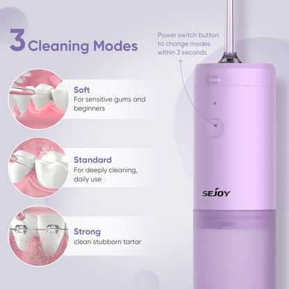 Sejoy Portable Water Flosser, Cordless Teeth Cleaner, 1900 Times/Min Pulse Rate Rechargeable Teeth Cleaner, 3 Modes with 140ml Tank, Purple