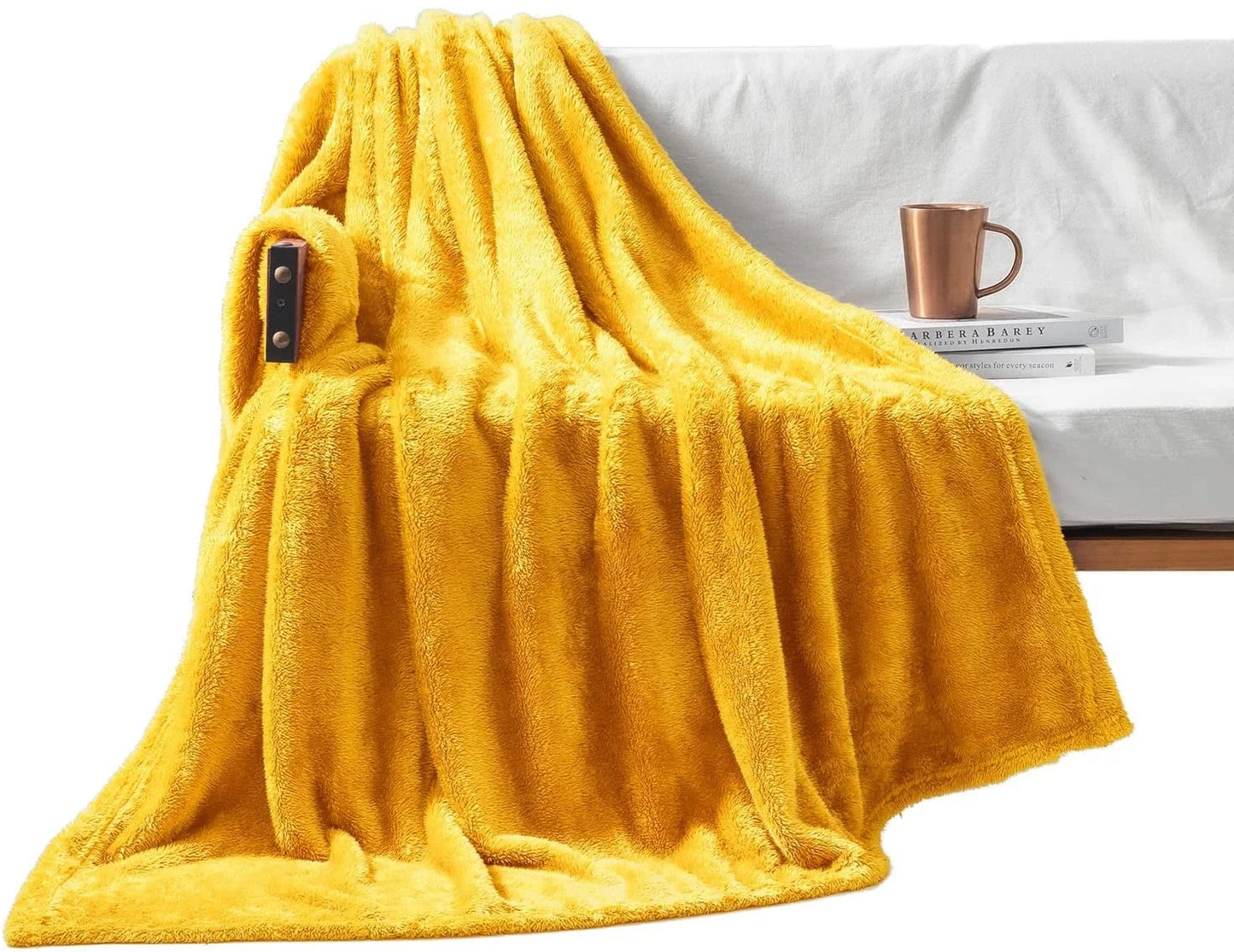 Exclusivo Mezcla Plush Fuzzy Large Fleece Throw Blanket (50" x 70",Mustard Yellow)- Soft, Warm& Lightweight