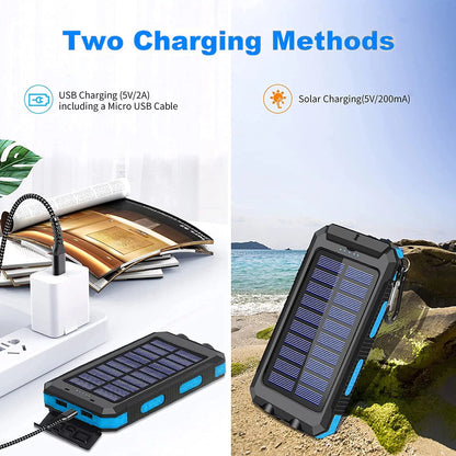 SOLPOWBEN 20000mAh Solar Charger for Cell Phone iPhone, Portable Solar Power Bank with Dual 5V USB Ports, 2 LED Light Flashlight, Compass Battery Pack for Outdoor Camping Hiking (Blue)