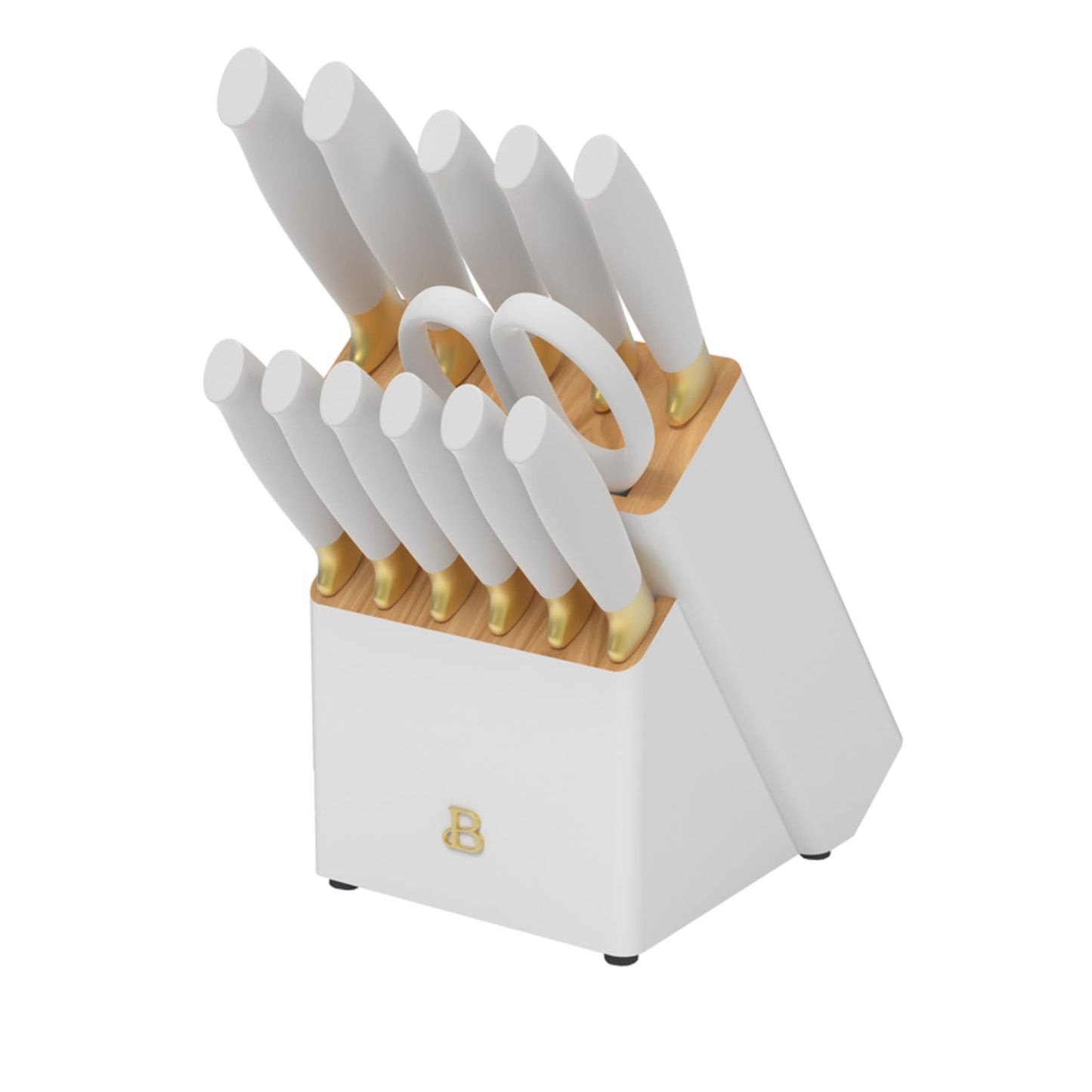 Beautiful 14-Piece White & Gold Knife Block Set with 11x14 Herringbone Wood Cutting Board by Drew Barrymore