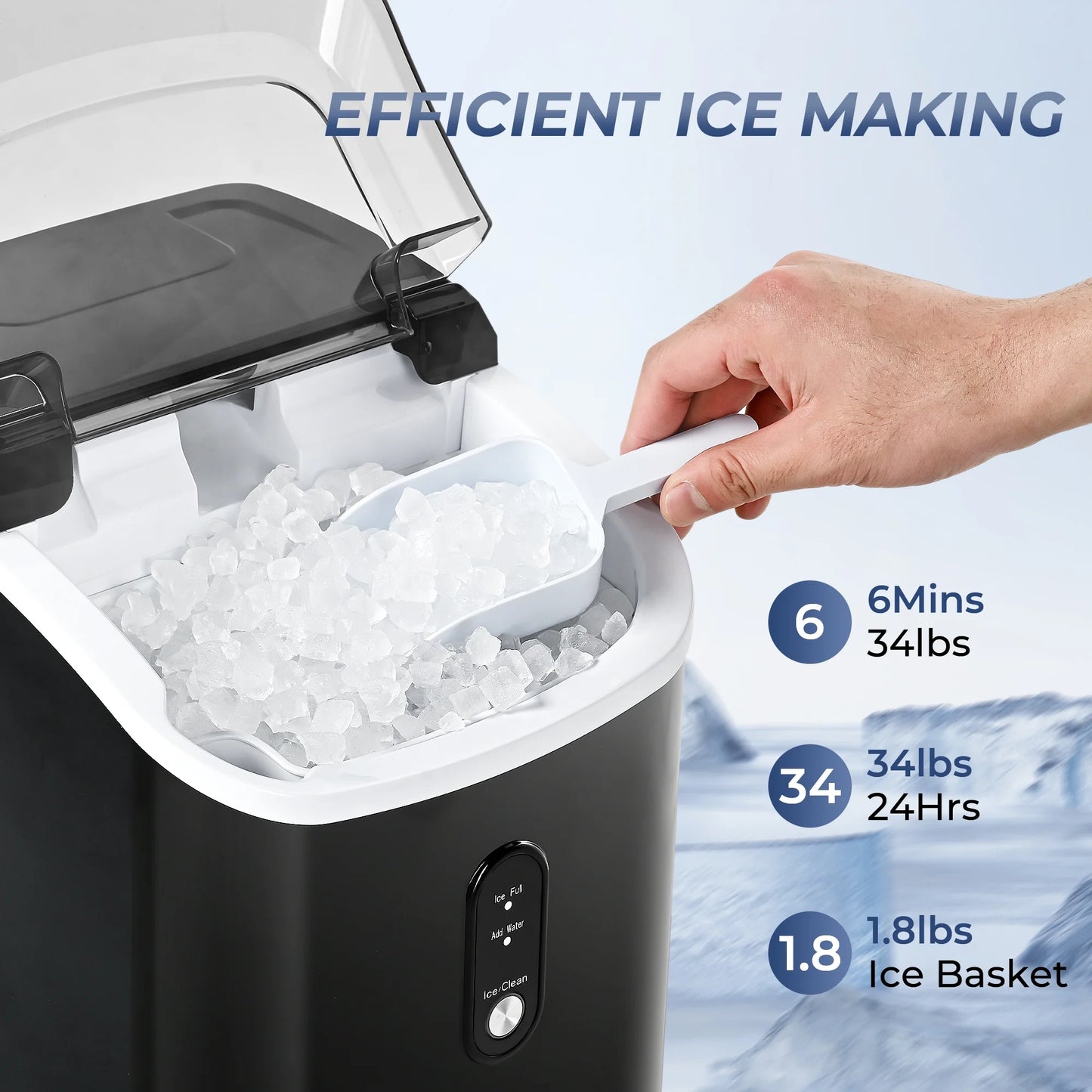 Simzlife Nugget Ice Maker Countertop, Portable Ice Maker Machine with Handle, Self-Cleaning, Ready in 6 Mins, 34lbs/24H, Soft Chewable Ice, Black