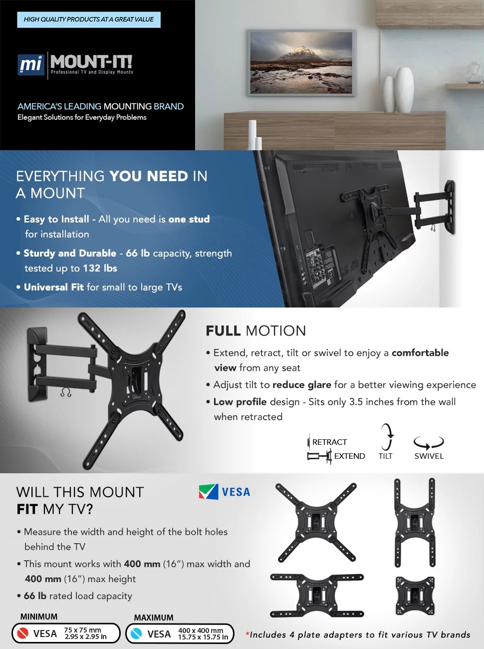 Mount-It! Full Motion TV Wall Mount with Swivel Arm for 28" 32" 40" 43" 48" 50" 55" Inch Flat Screen TVs