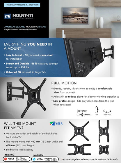 Mount-It! Full Motion TV Wall Mount with Swivel Arm for 28" 32" 40" 43" 48" 50" 55" Inch Flat Screen TVs