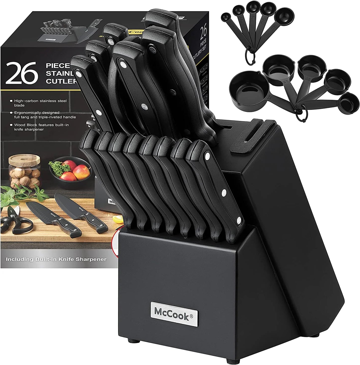 McCook DISHWASHER SAFE MC701 black Knife Sets of 26, Stainless Steel Kitchen Knives Block Set with Built-in Knife Sharpener,Measuring Cups and Spoons