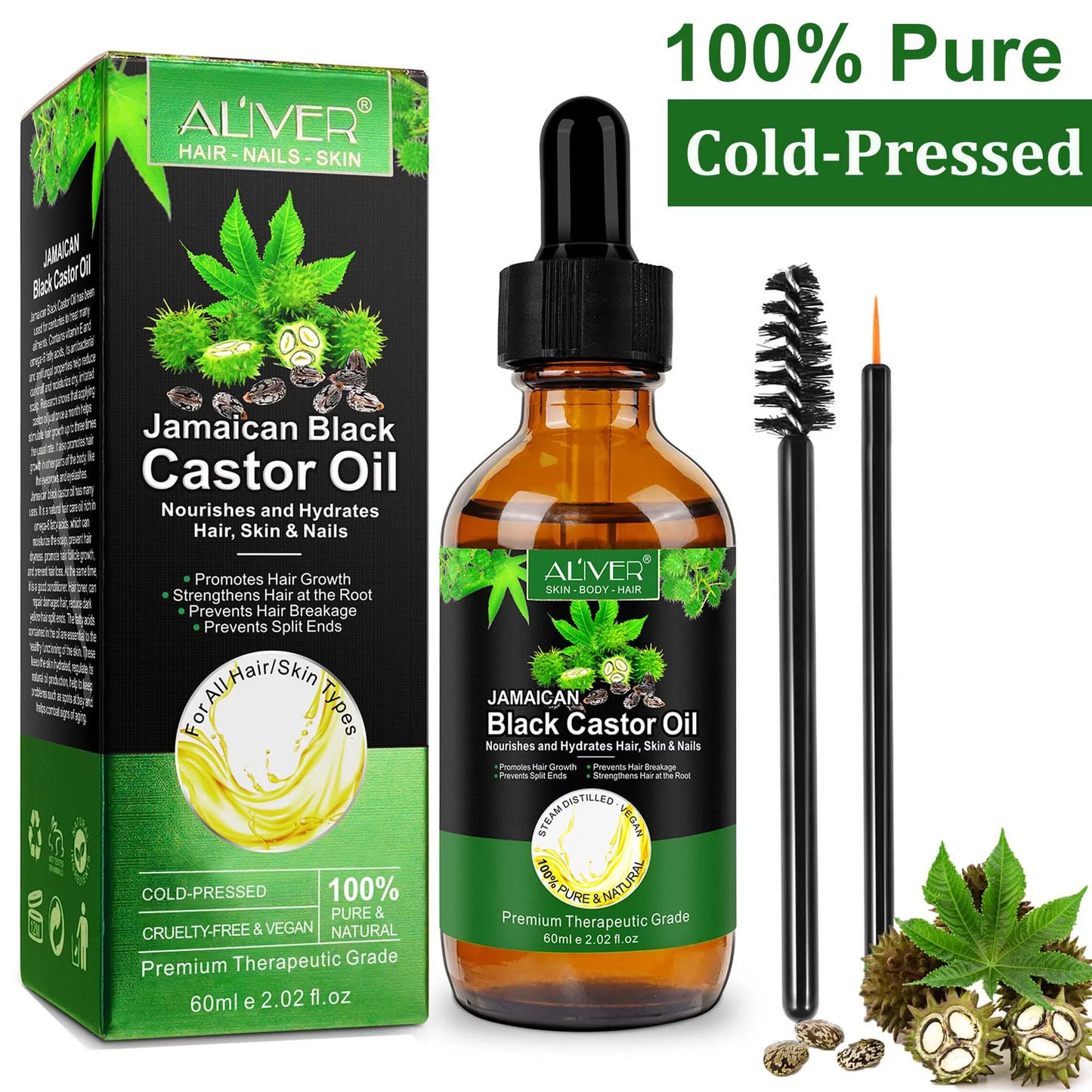 2 Pack Aliver Jamaican Black Castor Oil for Hair and Skin Care, Pure Cold Pressed, Repair and Nourish,Natural Hair & Body Oil