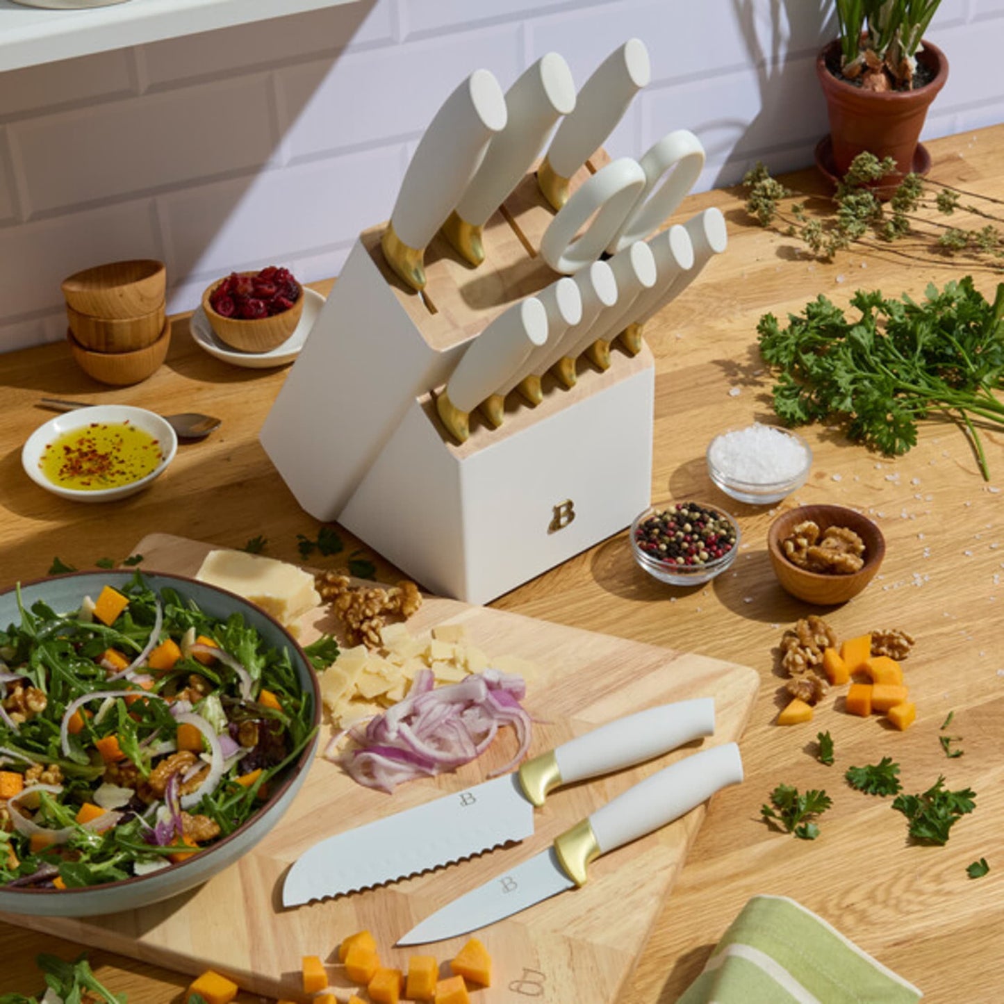 Beautiful 14-Piece White & Gold Knife Block Set with 11x14 Herringbone Wood Cutting Board by Drew Barrymore