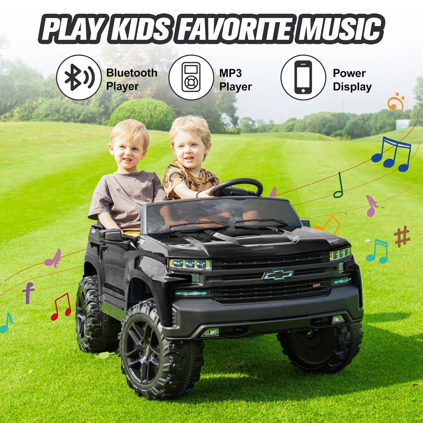 Chevrolet Silverado 24V Powered Ride on Cars for Kids, Extra large Real 2 Seat Ride on Toys with Remote Control, LED Light, MP3 Player, Electric Vehicles Ride on Truck for Boys Girls Gifts, Black