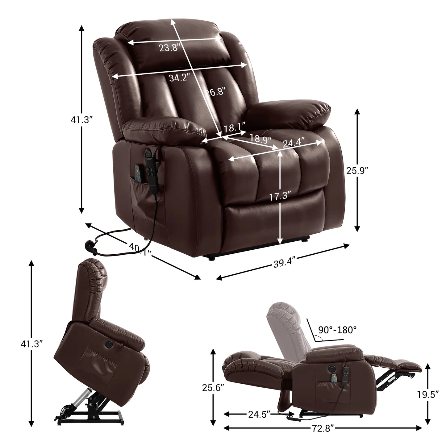 TEKAMON Infinite Position Lift Recliner Chair for Elderly with Heat and Massage Lay Flat Sleeping Leather Dual Motor Power Lift Chair for Living Room (Brown)