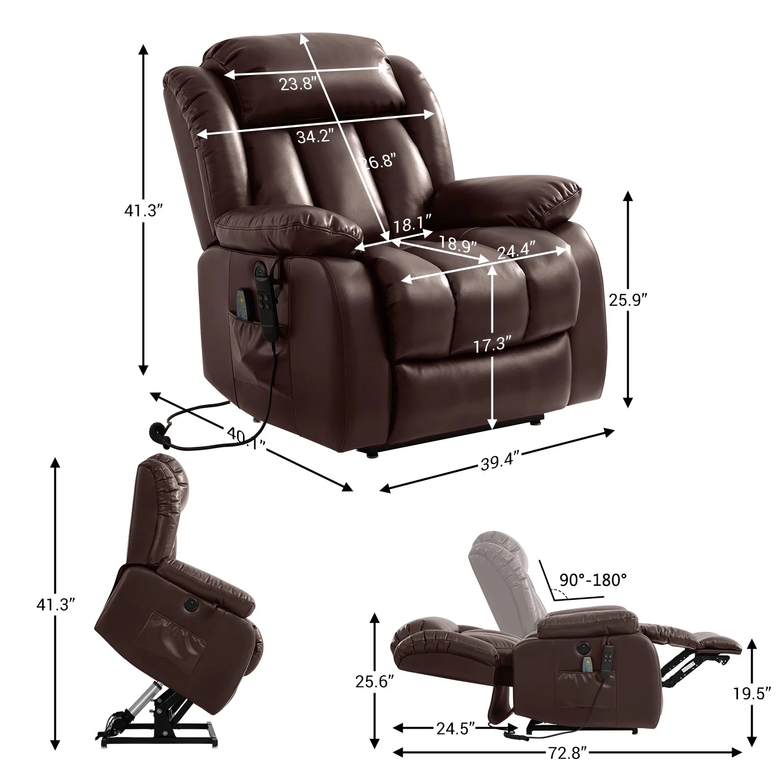 TEKAMON Infinite Position Lift Recliner Chair for Elderly with Heat and Massage Lay Flat Sleeping Leather Dual Motor Power Lift Chair for Living Room (Brown)