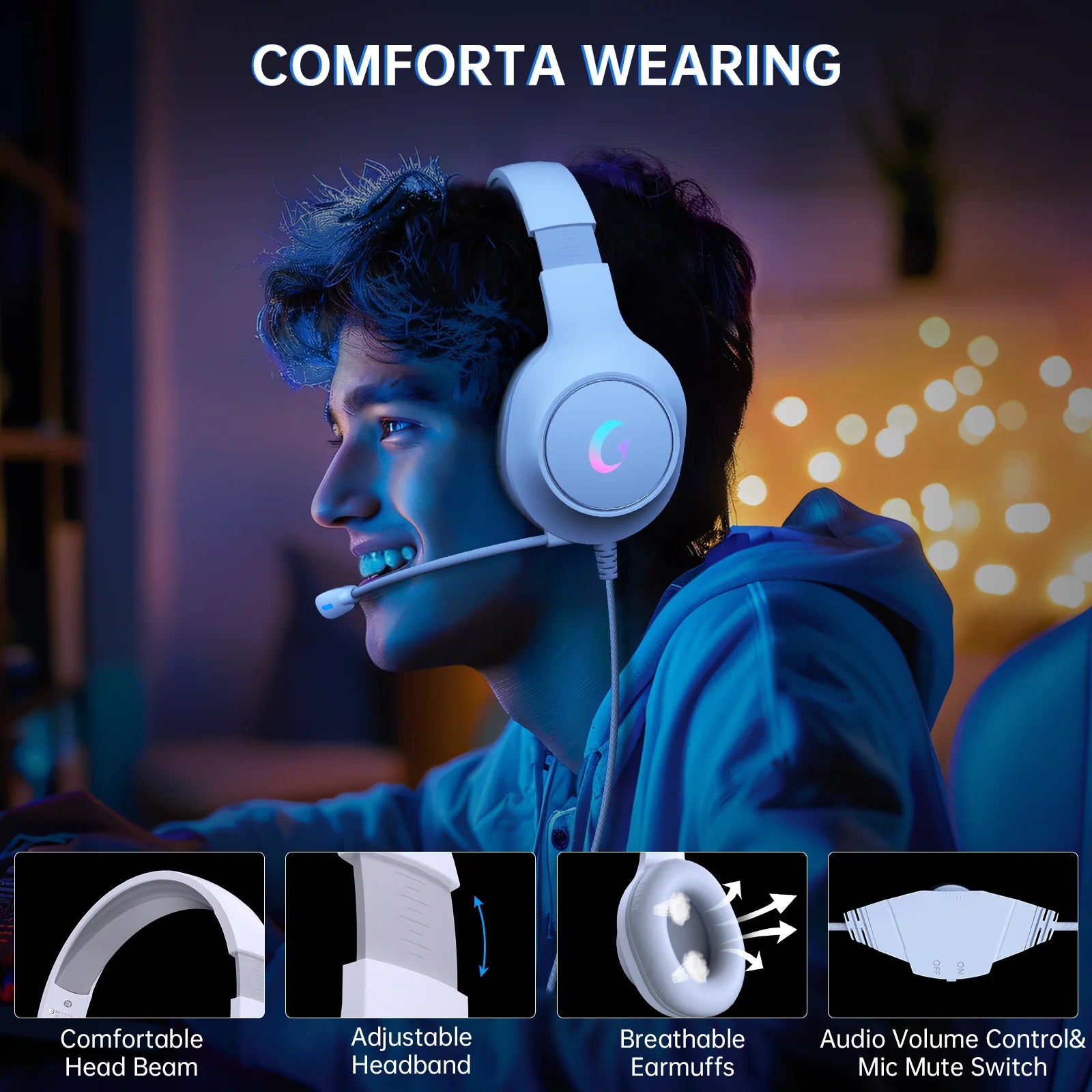 Ecomoment Gaming Headset for PC, PS5, PS4, Xbox Series X/S, Xbox One, Switch, MAC, Xbox Headset with Noise Canceling Microphone, Wired Over-Ear Gaming Headphones with LED Light&7.1 Surround Sound