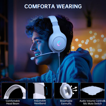 Ecomoment Gaming Headset for PC, PS5, PS4, Xbox Series X/S, Xbox One, Switch, MAC, Xbox Headset with Noise Canceling Microphone, Wired Over-Ear Gaming Headphones with LED Light&7.1 Surround Sound