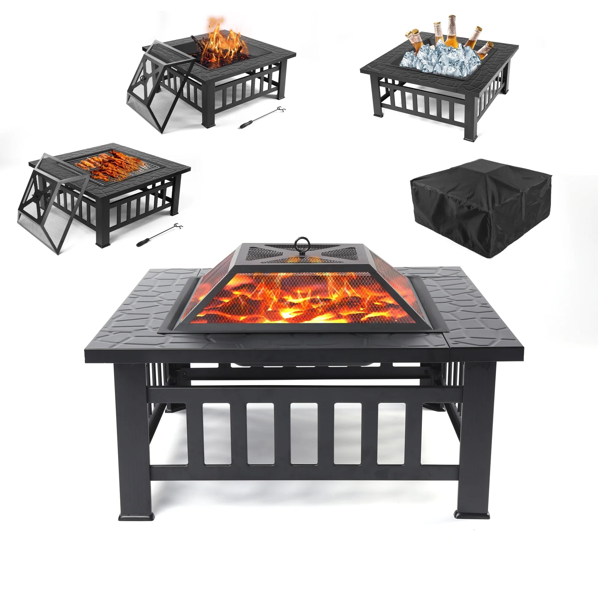 Fire Pits for Outside, 32" Wood Burning Fire Pit Tables with Screen Lid, Poker, BBQ Net, Ice Tray, Food Clip and Cover, Backyard Patio Garden Outdoor Fire Pit/Ice Pit/BBQ Fire Pit, Black