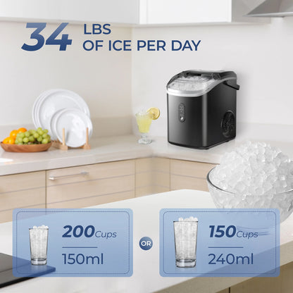 Simzlife Nugget Ice Maker Countertop, Portable Ice Maker Machine with Handle, Self-Cleaning, Ready in 6 Mins, 34lbs/24H, Soft Chewable Ice, Black