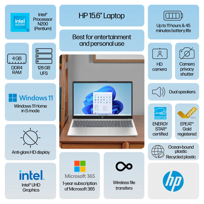 HP 15.6 inch Windows Laptop Intel Processor N200 4GB RAM 128 UFS Natural Silver (12-mo. Microsoft 365 included)