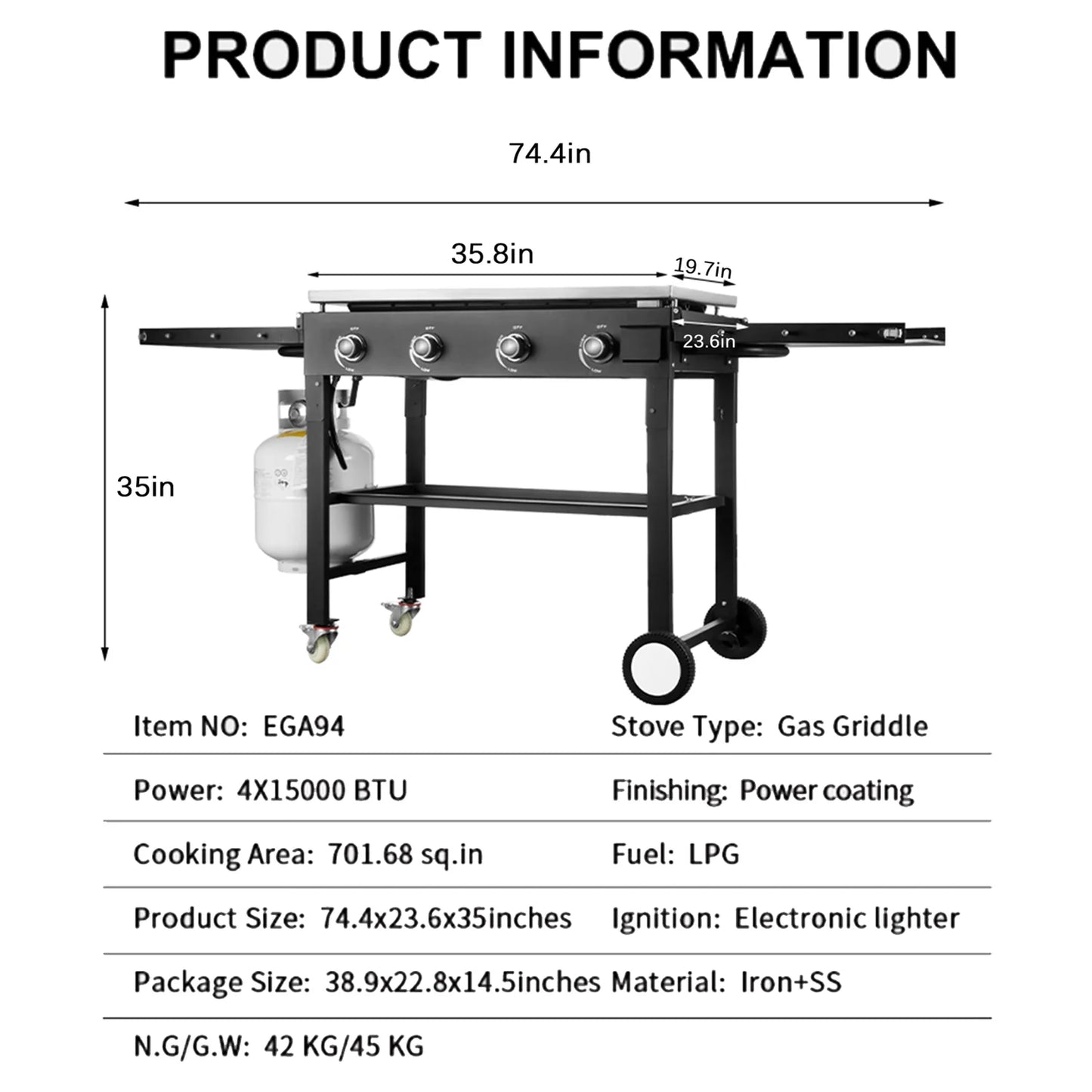 HONGGE 60000BTU 4 Burner Foldable Outdoor Propane Gas Grill, Black