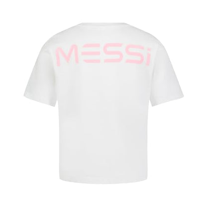 Messi Girls' Lifestyle Short Sleeve T-Shirt, Standard Fit Graphic Tee, Cotton Blend Fabric, Bright White