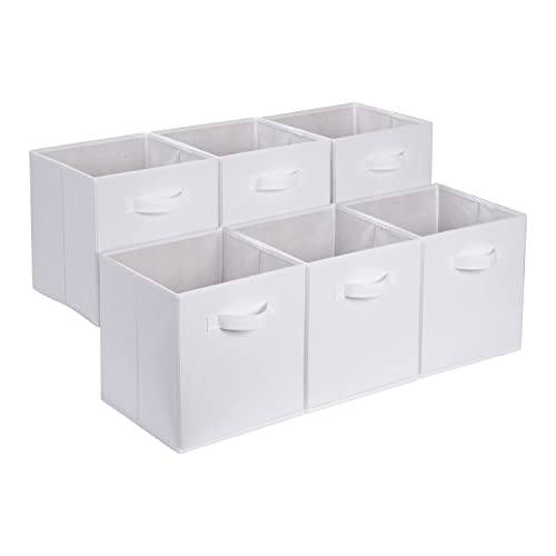 Amazon Basics Collapsible Fabric Storage Cubes Organizer with Handles, Sturdy Storage Bins, White, 10.5-x-10.5-x-11-inch, 6-Pack