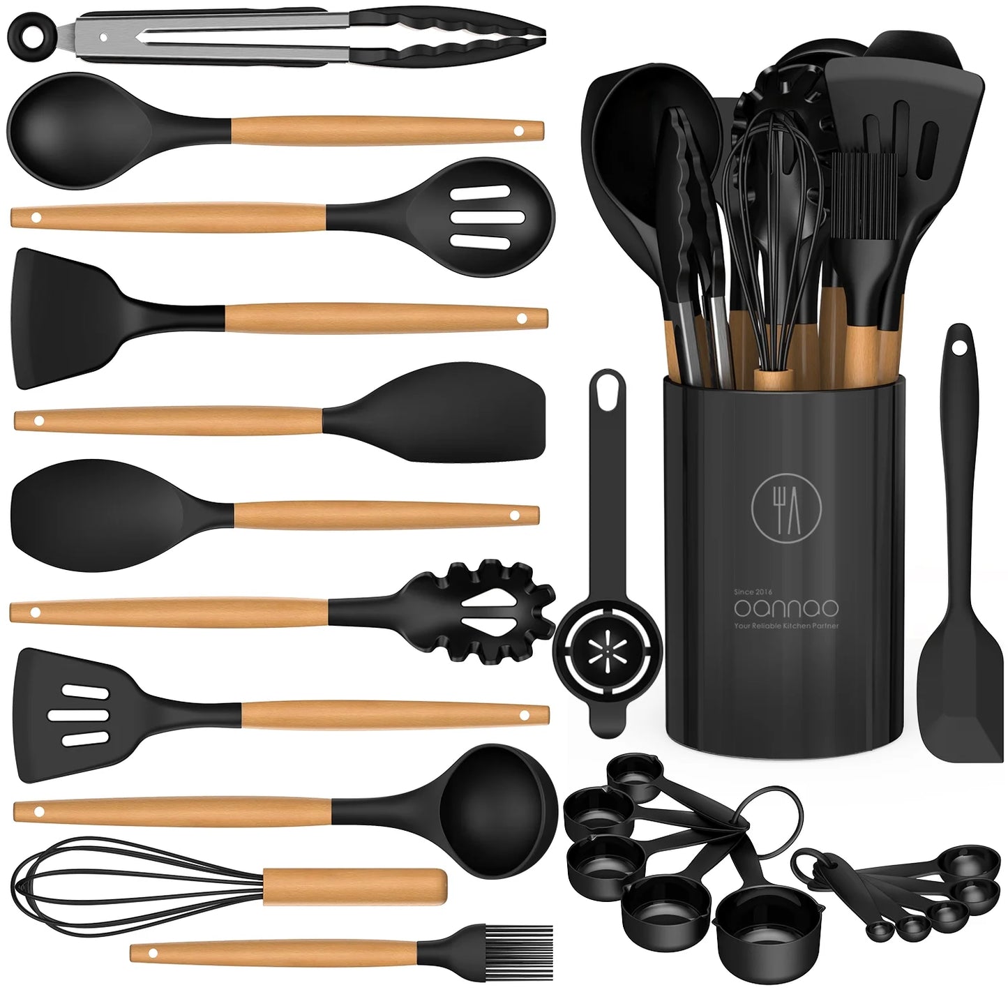 Silicone Cooking Utensils Set - Silicone Kitchen Utensils for Cooking Wooden Handles, 446°F Heat Resistant Kitchen Utensil Spatula Sets w Holder, Gadgets for Non-Stick Cookware BPA FREE (Black)