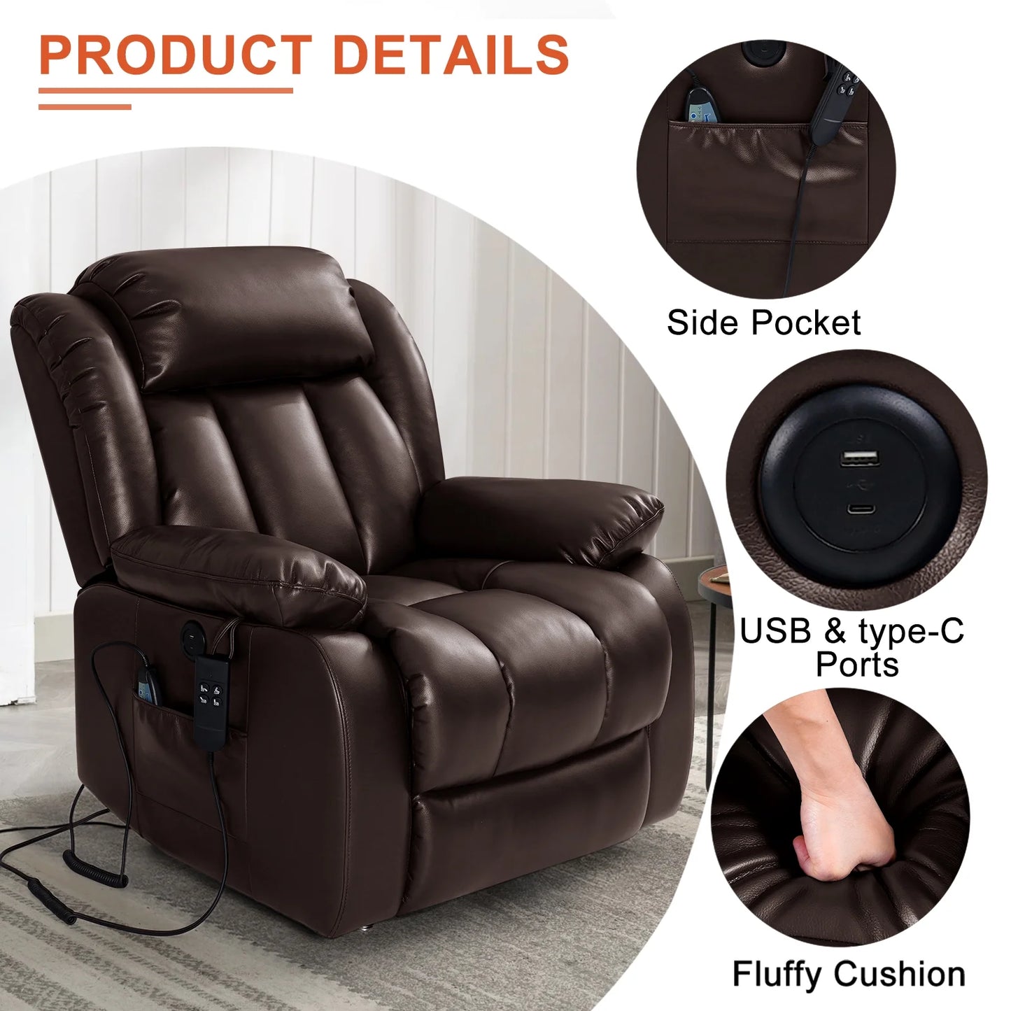 TEKAMON Infinite Position Lift Recliner Chair for Elderly with Heat and Massage Lay Flat Sleeping Leather Dual Motor Power Lift Chair for Living Room (Brown)